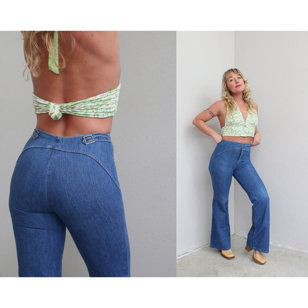 1970's Vintage Side Buckle Hip Hugger Flare Jeans ~ Women's XXS XS ~ 26" Waist